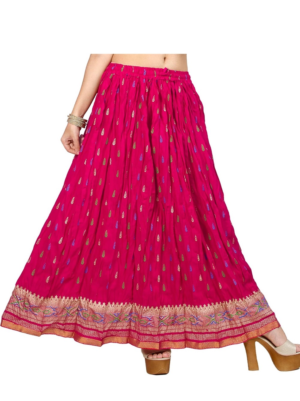 Vibrant Fuchsia Printed Maxi Skirt with Metallic Border